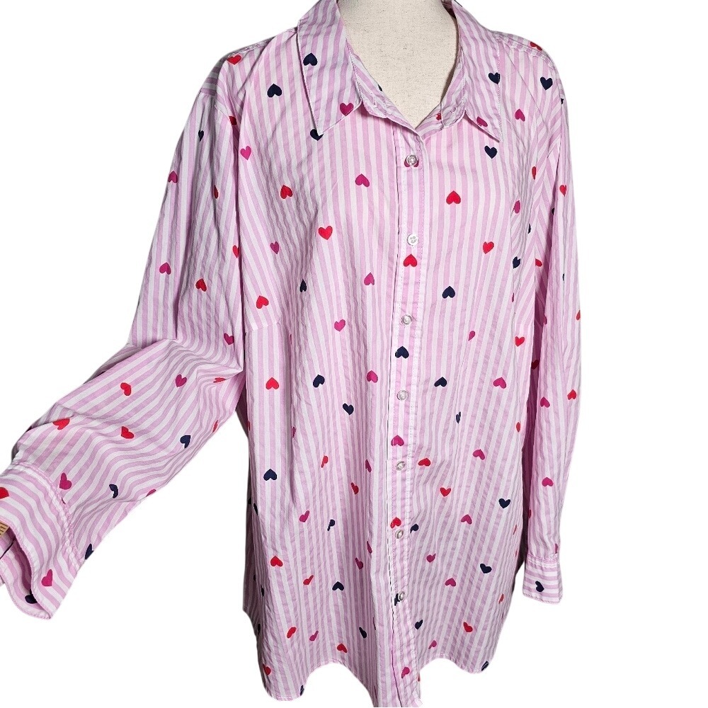 Women Within Button Up Striped Shirt Valentines Hearts Plus Size 3X Pink & White